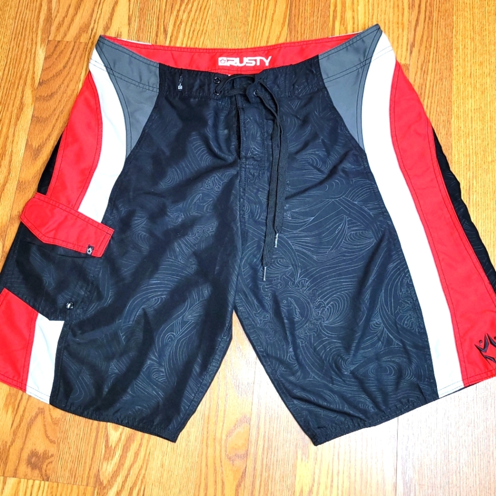 Rusty Classic  Board Shorts Men's Size 36 Deep 1 Front Pocket Red Black EUC